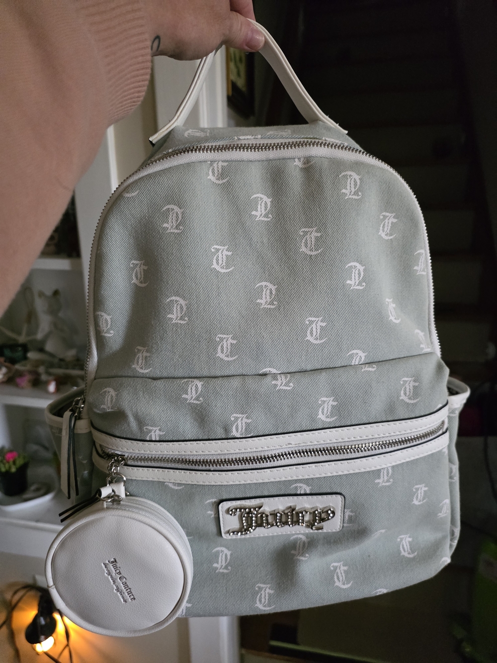 Juicy Couture Mid-size Backpack in Light Blue w/White Trim, Coin Purse and Charm